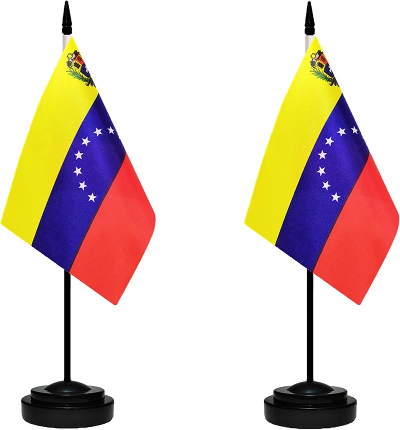 tibijoy Venezuela Venezuelans Deluxe Desk Flag Set, Small Mini Miniature Venezuela Venezuelans Table Desktop Flags With Solid Pole, Black Base and Spear Top(2 Pack) - Image 1
